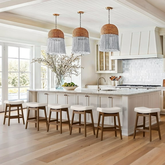 Dycanpo Saddle Seat Counter Height Bar Stools Set of 6 for Kitchen, Dining, 24in, Antique White-Faux Leather