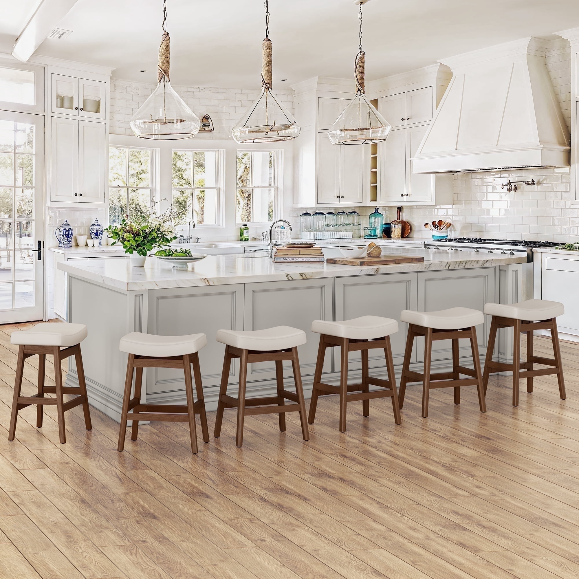 Dycanpo Saddle Seat Counter Height Bar Stools Set of 6 for Kitchen, Dining, 24in, Antique White-Faux Leather