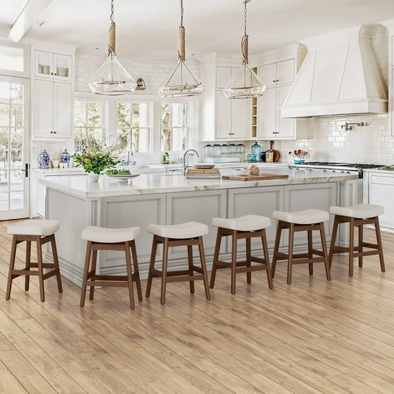 Dycanpo Saddle Seat Counter Height Bar Stools Set of 6 for Kitchen, Dining, 24in, Antique White-Faux Leather