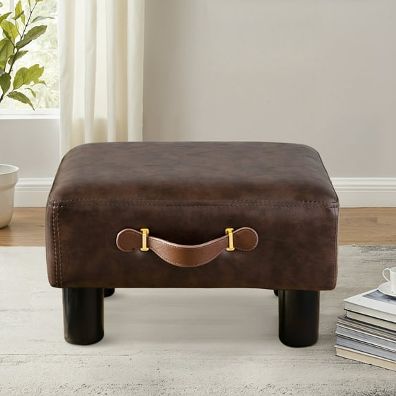 Dycanpo Small Foot Stool with Handle, Modern Faux Leather Padded, for Living Room, Brown