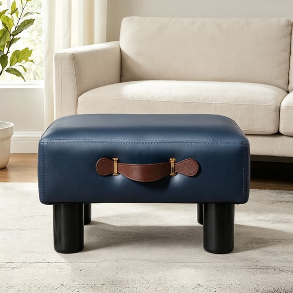 Dycanpo 9" Foot Stool with Handle, Faux Leather Foot Rest for Living Room, Dark Blue