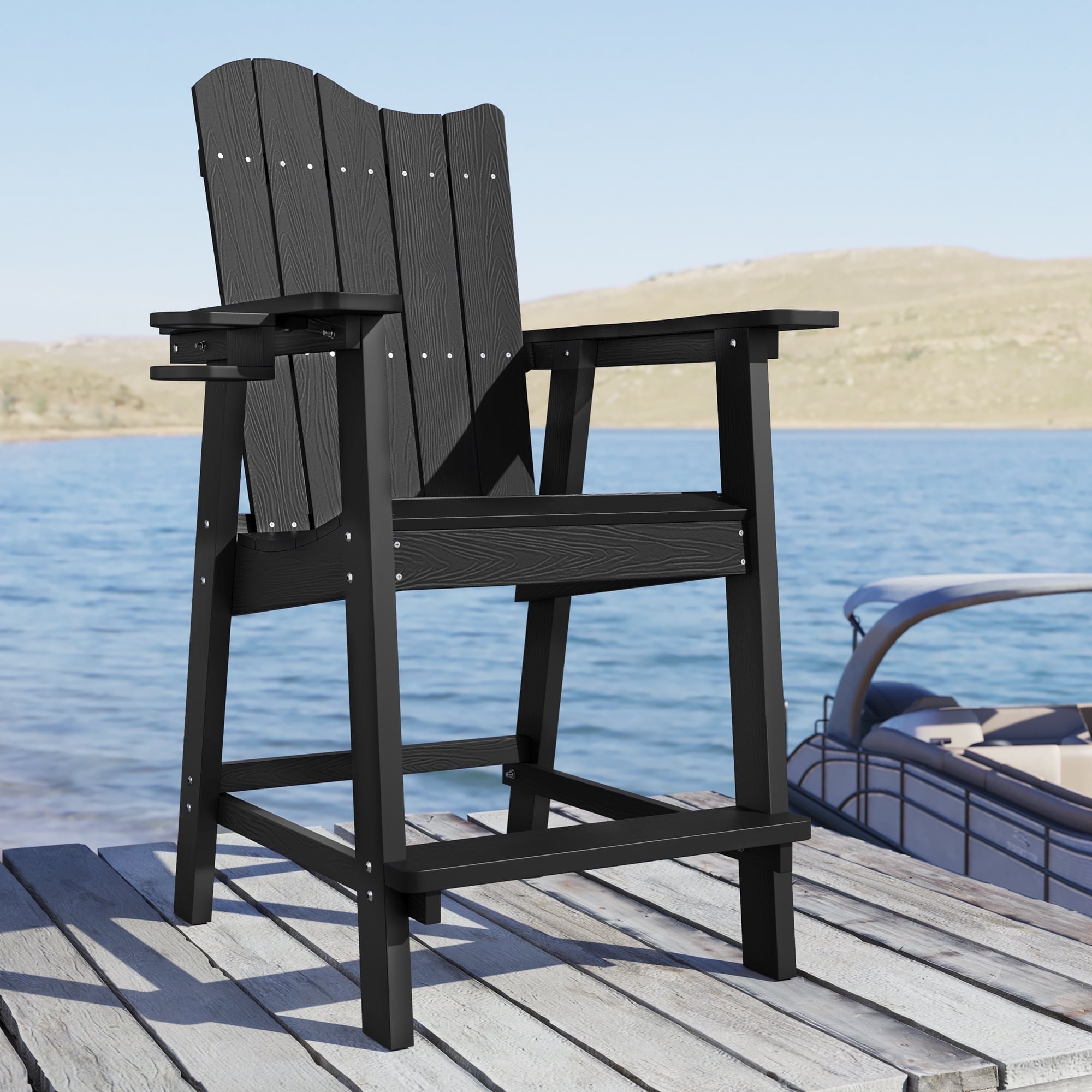 Dycanpo 25.6'' Tall Adirondack Chair with Cup Holder,All-Weather Outdoor Bar Stools,HDPS-Black