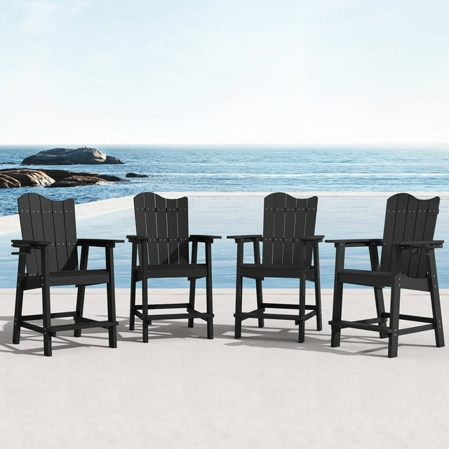 Dycanpo 25.6'' Tall Adirondack Chair with Cup Holder,Outdoor Bar Stools set of 4,HDPS-Black