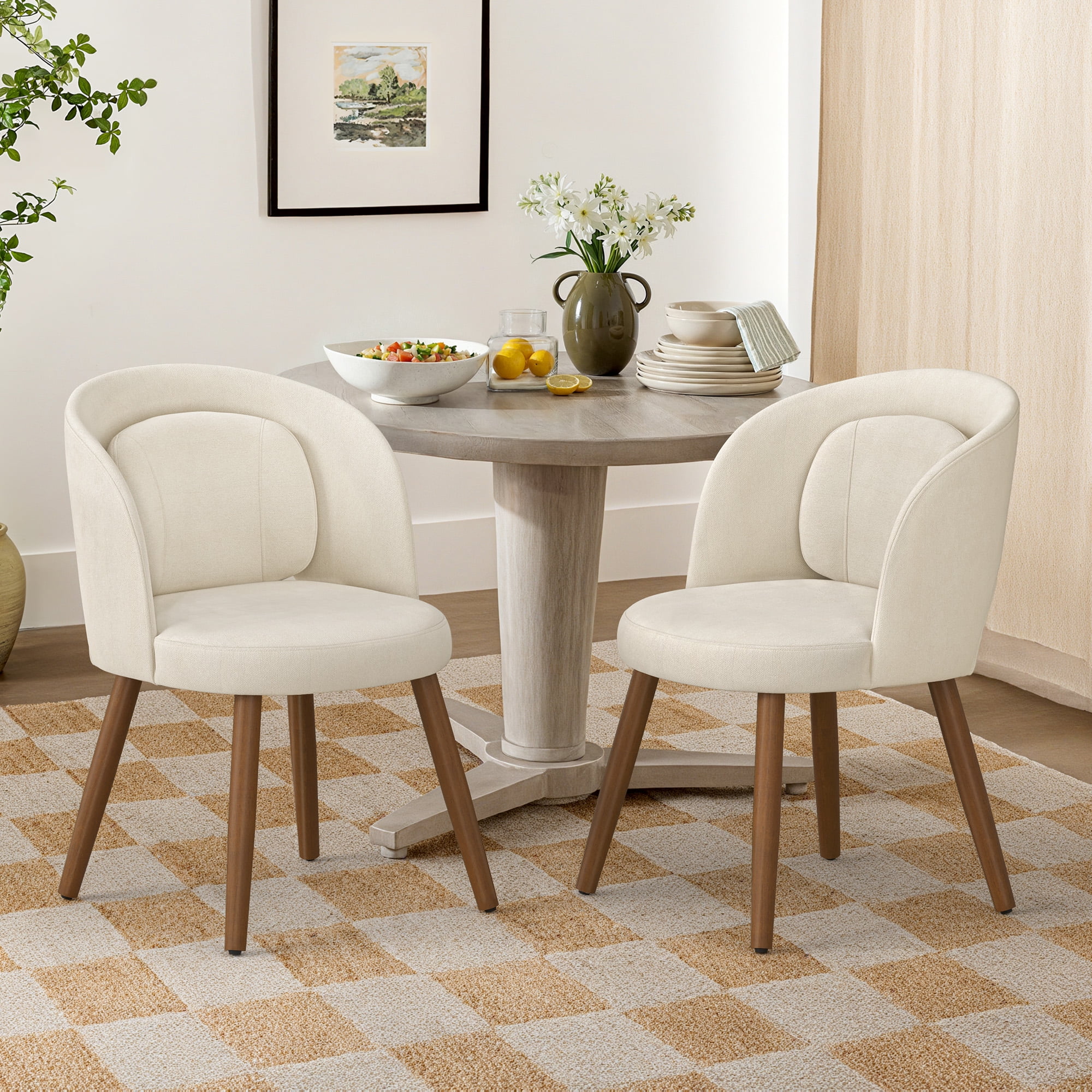 Dycanpo Upholstered Dining Chairs Set of 2, Wooden Dining Side Chairs with Curved Backrest & Individual Back Cushion, Beige