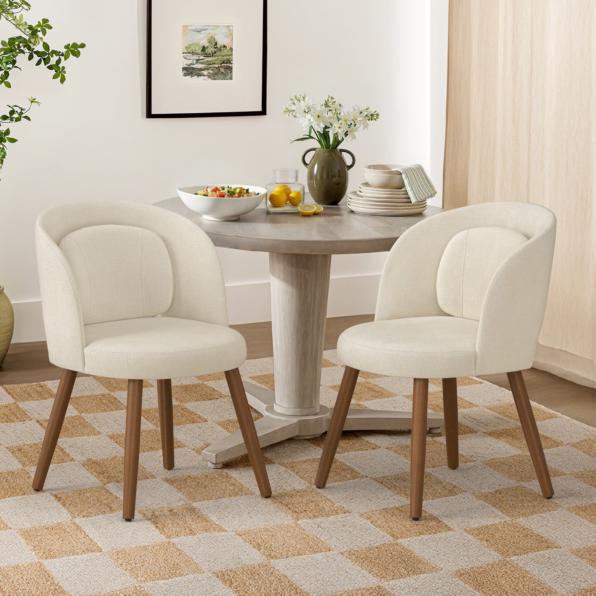 Dycanpo Upholstered Dining Chairs Set of 2, Wooden Dining Side Chairs with Curved Backrest & Individual Back Cushion, Linen-Fabric