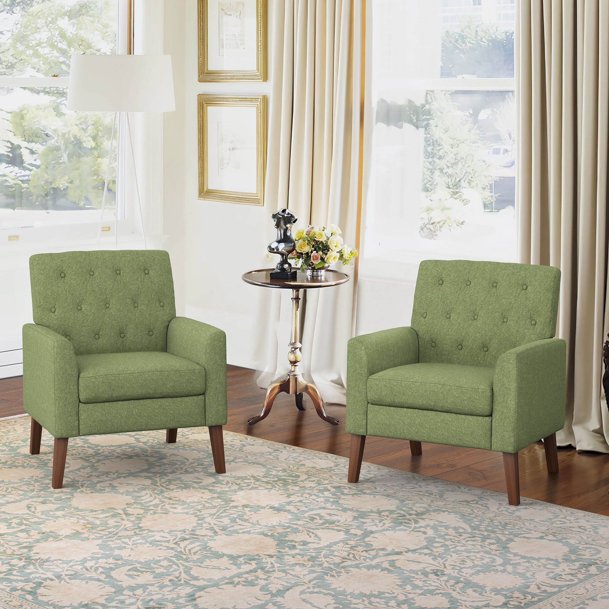 Dycanpo 18.5"H Linen Accent Chairs Set of 2 with Button Tufted Armchairs for Home Bedroom, Green