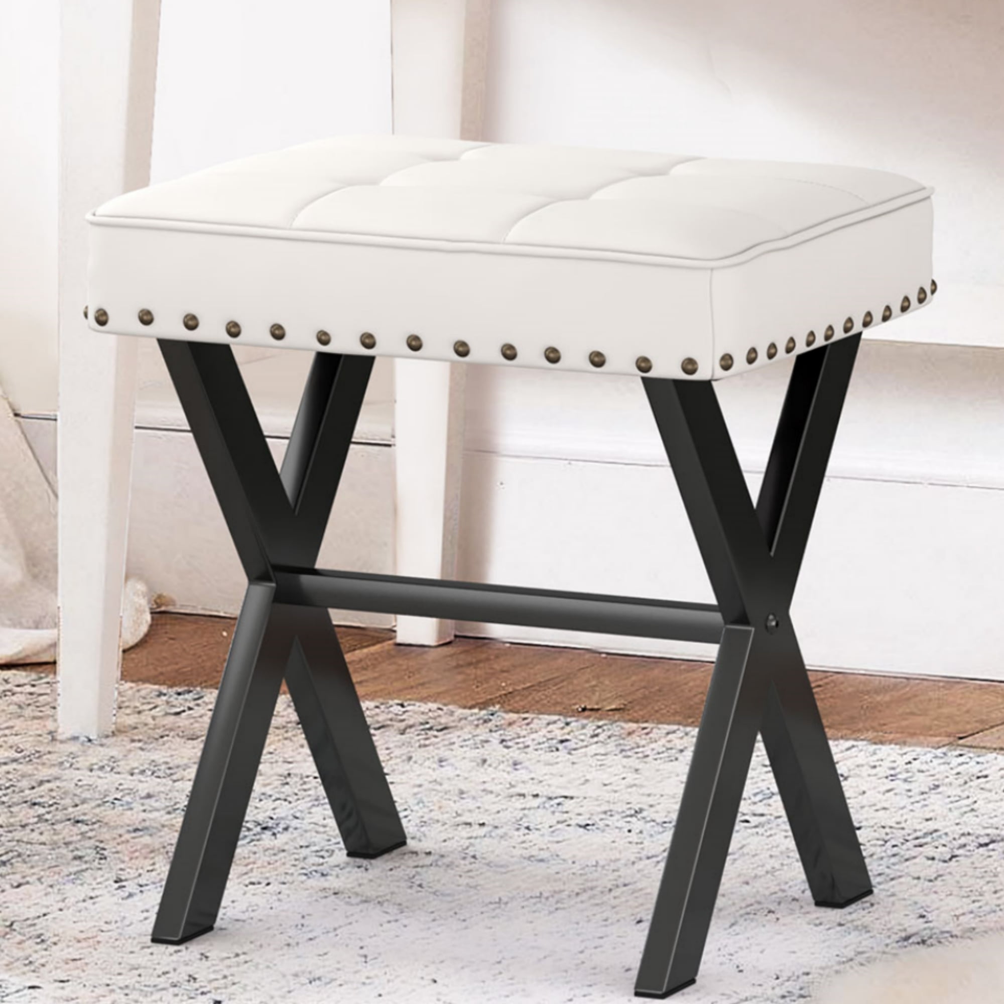 Dycanpo Vanity Stool, Square Linen Makeup Stool with Metal X Legs ...