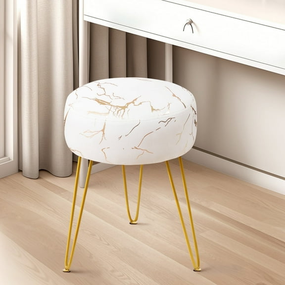 Dycanpo Vanity Stool for Makeup Room, Round Ottoman Foot Stool, Velvet Footrest Vanity Chair, Beige and Golden Foiling