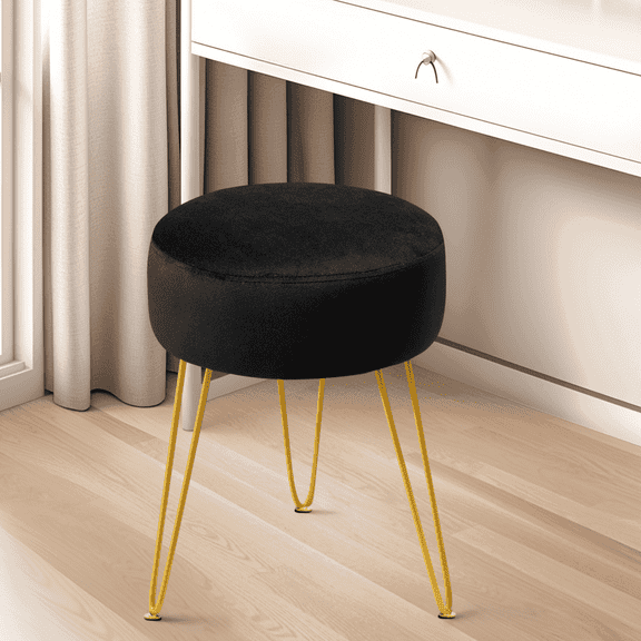 Dycanpo Vanity Stool for Makeup Room, Round Ottoman Foot Stool, Velvet Footrest Vanity Chair, Black