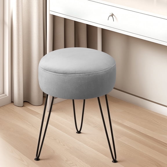 Dycanpo Vanity Stool for Makeup Room, Round Ottoman Foot Stool, Velvet Footrest Vanity Chair, Gray