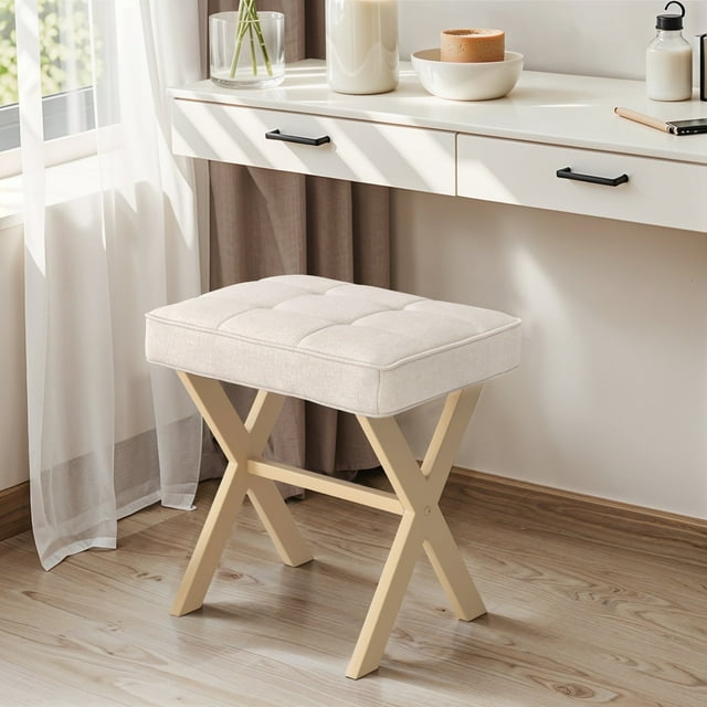 Dycanpo Vanity Stool with Metal X Legs, Small Ottomans or Footstools for Makeup Room, Linen-Sand