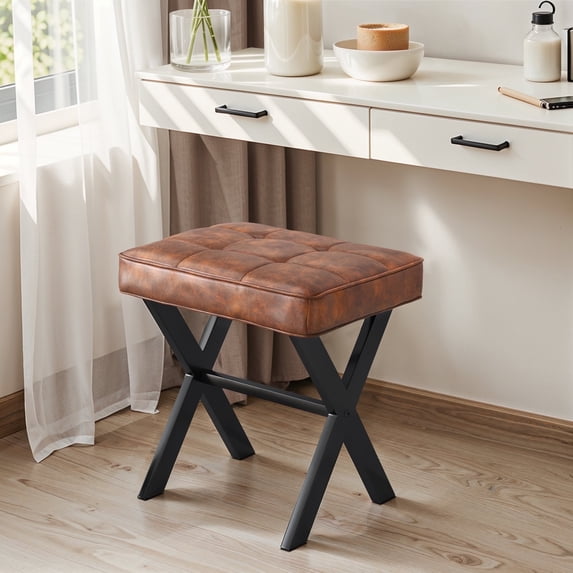 Dycanpo Vanity Stool with Metal X Legs, Small Ottomans or Footstools for Makeup Room, Reddish Brown Leather
