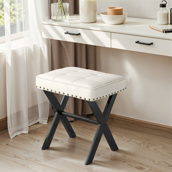 Dycanpo Vanity Stool with Metal X Legs, Small Ottomans or Footstools for Makeup Room, White Leather
