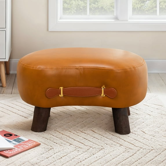 Dycanpo Velvet Compact Footstool with Padded Seat,Wooden Legs-Multipurpose Step Stool for Sofa & Living Room,Whiskey Brown