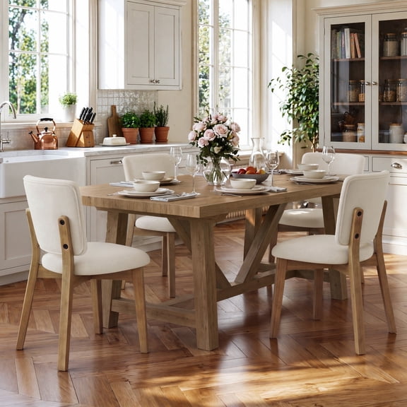 Dycanpo Wooden Dining Chairs Set of 4, Wide Back Kitchen Side Chairs for Modern Farmhouse Dining Room, Linen Upholstered and Natural Wood Legs