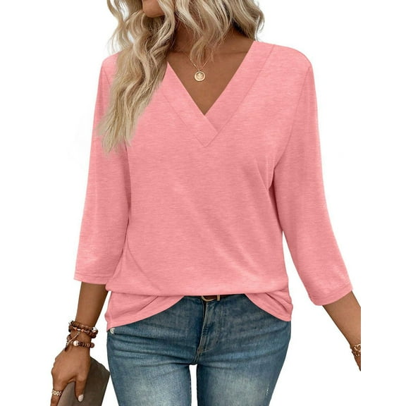 Dycnvjo 3/4 Length Sleeve Womens Tops V Neck Casual Tunic Tops Basic Shirts Loose Fit Blouse Pink XL