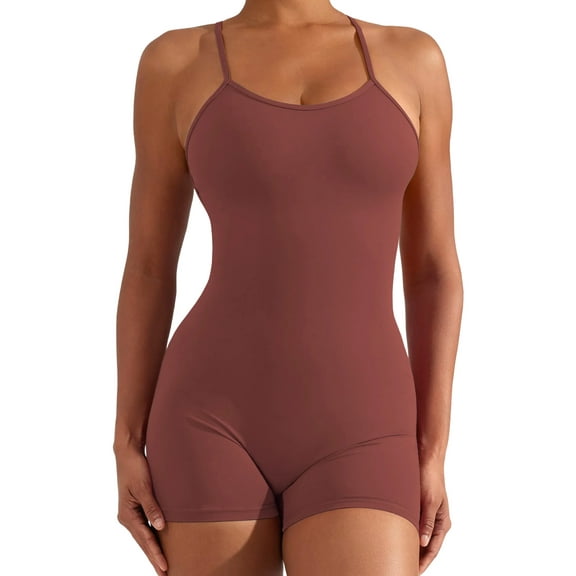 Dycnvjo Backless Tummy Control Jumpsuits for Women One Piece Workout Jumpsuits Sleeveless V Back Yoga Rompers Brown M