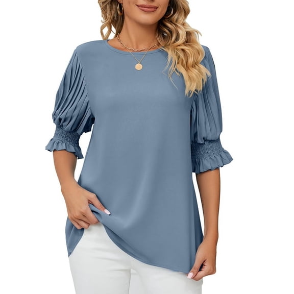 Dycnvjo Blouses for Women Dressy Casual 1/2 Length Sleeve Womens Tops with Smocked Cuffs Gray Blue L