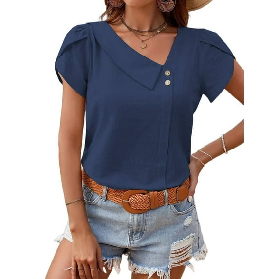 Dycnvjo Linen Tops for Women Casual Collared Business Blouses Tops Puff Sleeve Crop Shirts Loose Summer Work Clothes Navy Blue XXL