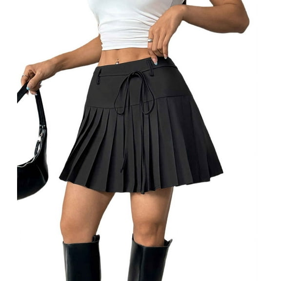 Dycnvjo Pleated Skirts for Women High Waisted Tennis Skirt Athletic Skorts with Pockets Shorts Workout Golf Skort Black Thin Belt S