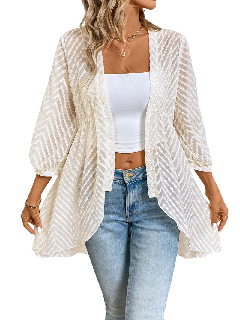 Askyes Women's 3/4 Sleeve Open Front Cardigan - Lightweight Netted Knit Cover Up