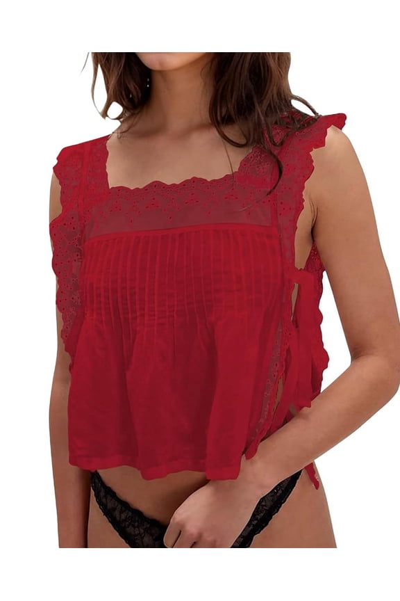 Women Lace Vest Tanks Y2K Sleeveless Split Side Tie Tank Top Sheer Ruffle Shirt Summer Going Out Crop Tops Red S