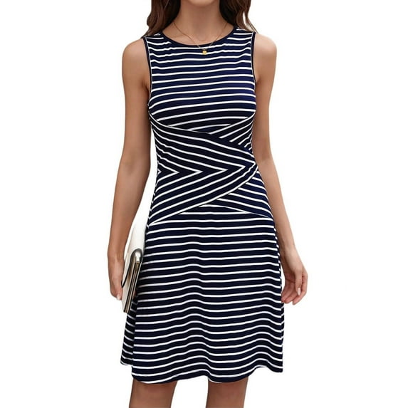 Women'S Casual Dresses 2025 Sleeveless Striped Mini Dress High Waisted A Line Dresses Navy Blue L