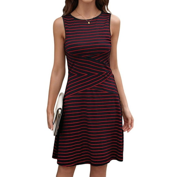 Dycnvjo Women'S Casual Dresses 2025 Sleeveless Striped Mini Dress High Waisted A Line Dresses Wine Red L