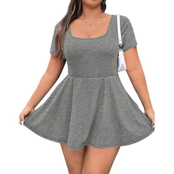 Dycnvjo Women'S Mini Dress Square Neck Short Sleeve Ruffle Hem Dresses with Built in Shorts Grey XXL