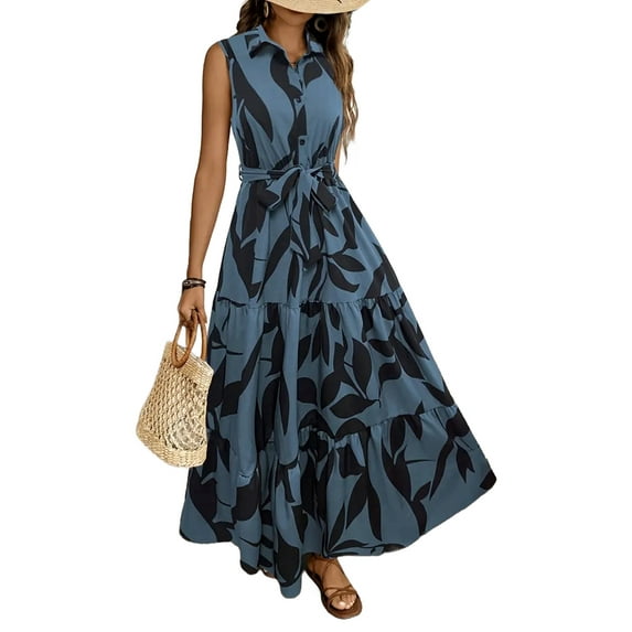 Dycnvjo Women'S Summer Floral Maxi Dress Button Up Collar Tie Waist Tiered Ruffle Sleeveless Boho Dresses Blue L