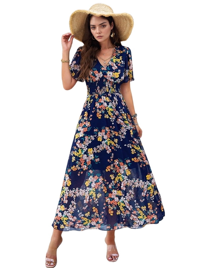 Dycnvjo Women'S Summer Wrap Maxi Dress Floral V Neck Short Sleeve Wedding  Guest Party Casual Dress Navy Blue S - Walmart.com
