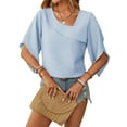 thumbnail image 1 of Dycnvjo Womens 2025 Summer 1/2 Sleeve Tunic Tops Chiffon Work Blouse V-Neck Dressy Casual Shirt Light Blue S, 1 of 7