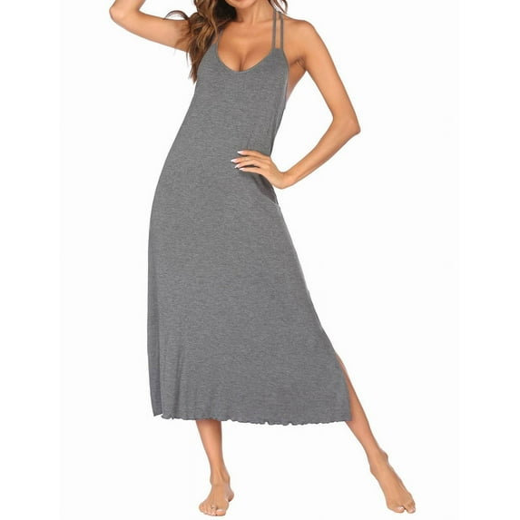 Dycnvjo Womens Cotton Long Nightgowns Spaghetti Strap V Neck Full Slip Sleep Shirts Medium Flower Ash M