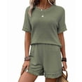 thumbnail image 1 of Dycnvjo Womens Fringe Trim Textured Short Two Piece Set Waffle Tops and Short Sets  Green XL, 1 of 4
