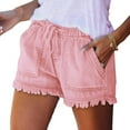 thumbnail image 1 of Womens Roll Up Stretchy Denim Shorts Elastic Waist Drawstring Comfy Short Pants Pink M, 1 of 6