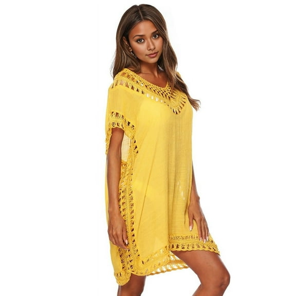 Deliqiba Womens Swimsuits Cover Ups Crochet Chiffon Beach Cover Bathing Suit Bikini Wear Coverups Dress Yellow One Size