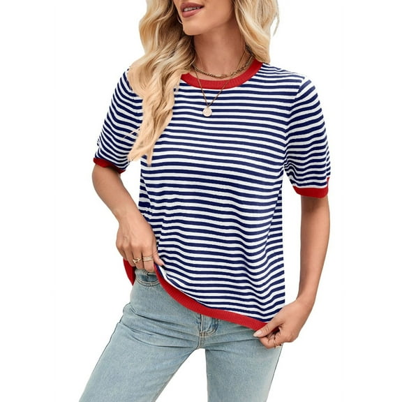 Dycnvjo Womens Tops Casual Summer Crewneck Short Sleeve Striped Color Block Knit High Low Trendy Pullover Sweaters Navy Blue Red M