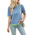 thumbnail image 1 of Womens Tops Casual Summer Crewneck Short Sleeve Striped Color Block Knit High Low Trendy Pullover Sweaters Pink Green L, 1 of 7