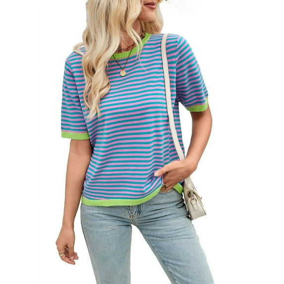Womens Tops Casual Summer Crewneck Short Sleeve Striped Color Block Knit High Low Trendy Pullover Sweaters Pink Green L
