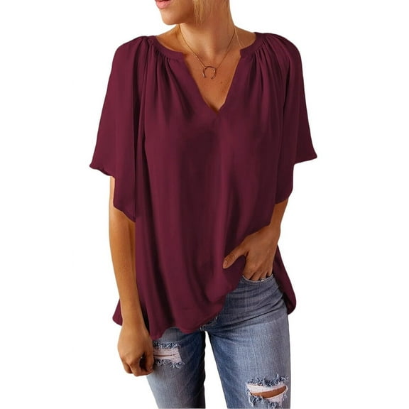 Dycnvjo Womens Tops Dressy Casual 2025 Spring Summer V Neck Short Sleeve Shirts Business Casual Chiffon Blouses Red S