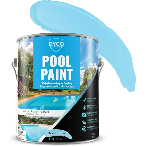 Dyco Waterborne Acrylic Pool Paint, Resistant to UV, Water, Salt, Chemicals, Fading, Cracking & More, Seals Hairline Cracks, Lasts 5-8 Years (Ocean Blue, 1 Gallon)
