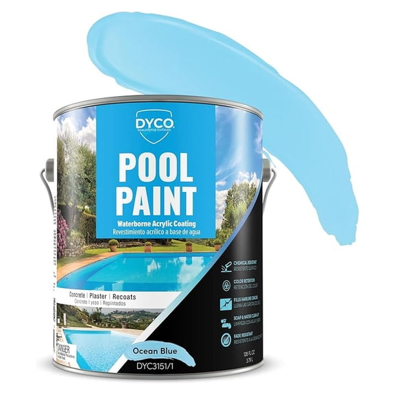 Dyco Waterborne Acrylic Pool Paint, Resistant to UV, Water, Salt, Chemicals, Fading, Cracking & More, Seals Hairline Cracks (Ocean Blue, 1 Gallon)