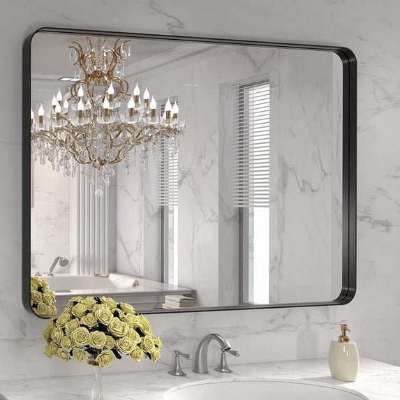 Dyconn Faucet Raven Rectangular Metal Framed Wall Mounted LED Bathroom Vanity Mirror in Black 36x36