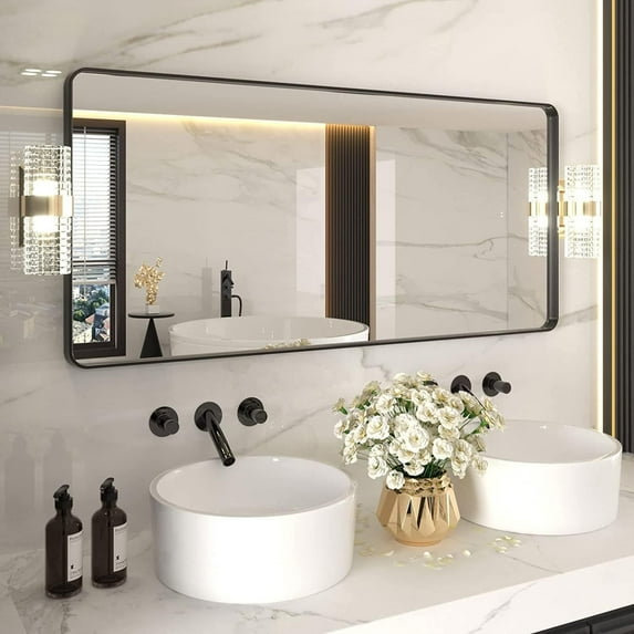 Dyconn Faucet Raven Rectangular Metal Framed Wall Mounted LED Bathroom Vanity Mirror in Black 60x36