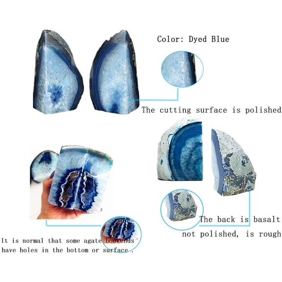 Dyed Blue Agate Bookends for Heavy Books - Geode Stone Book Ends with Rubber Bumpers for Home Office Decor (1 Pair, 6-8 Lbs)