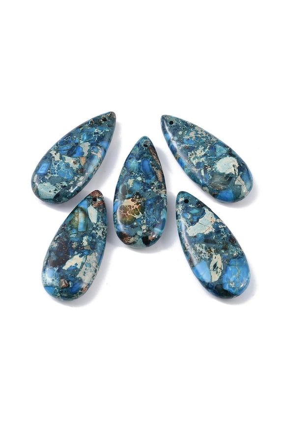 Dyed Imperial Jasper Pendants Teardrop Charms Steel Blue 35x15x6mm Hole: 1.2mm