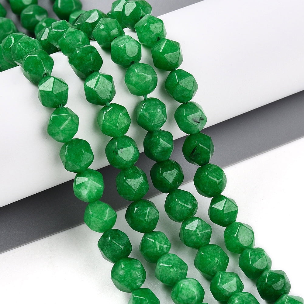 Dyed Natural Malaysia Jade Beads Strands Faceted Star Cut Round Beads Lime Green 7~8x6~7.5x6~7.5mm Hole: 1mm 48~49pcs/strand