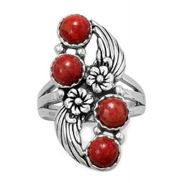 Dyed Red Coral Flower Design Ring Antiqued Sterling Silver