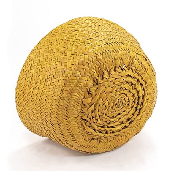 Dyed Seagrass Belly Basket with 8 Pompoms And Handle. (Yellow(Large))