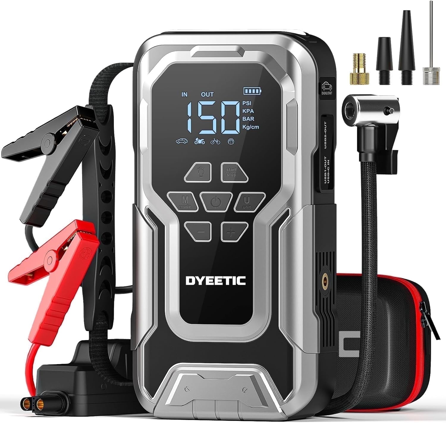Dyeetic Portable Car Jump Starter, 3500A Peak, 150PSI Tire Inflator, Emergency Power Bank